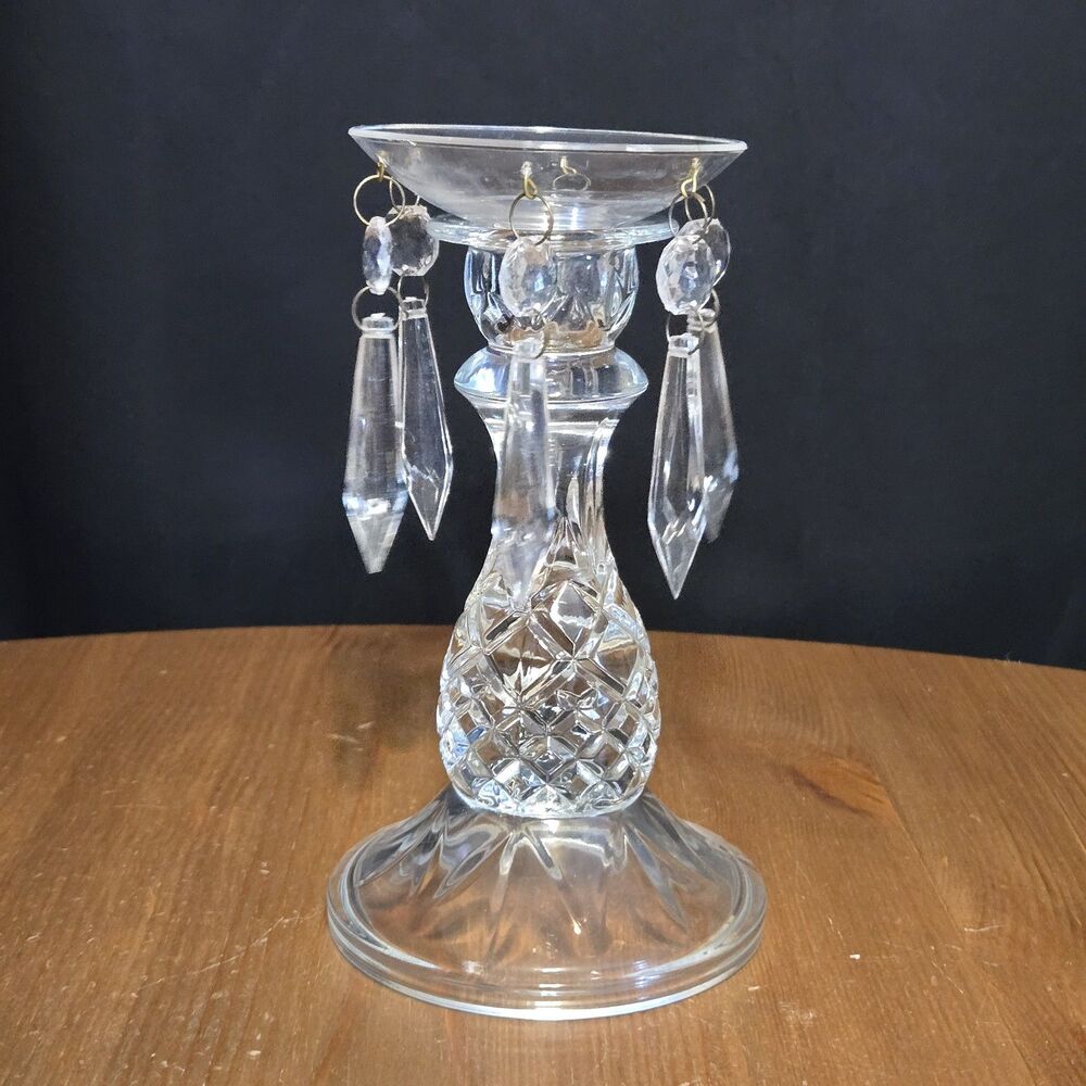 Vtg MCM Indiana Glass Cambridge Candleholder Dangling Prisms, Art Deco 6"